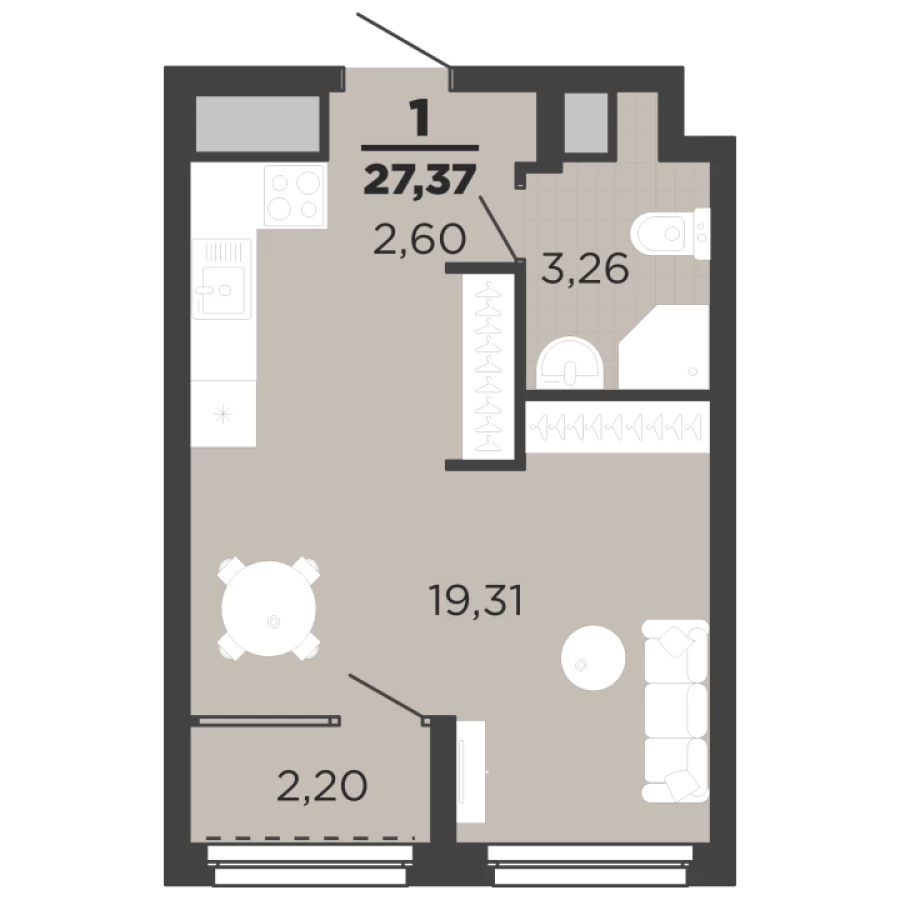 1-ая квартира площадью 27,37 м2 с функциональной планировкой